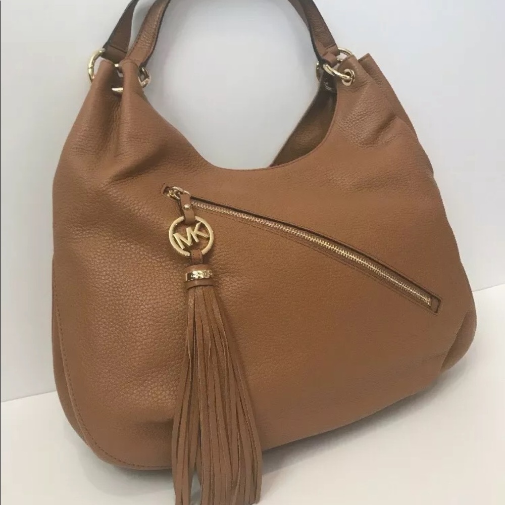 MICHAEL KORS CHARM TASSLE Shoulder Leather Tote Bag Handbag Brown